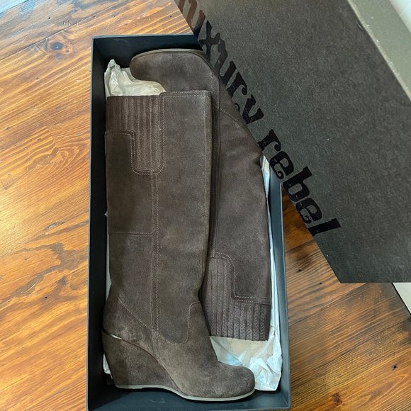 Luxury Rebel Effie Brown Suede Wedge Kneehigh Boot - Picture 4 of 5